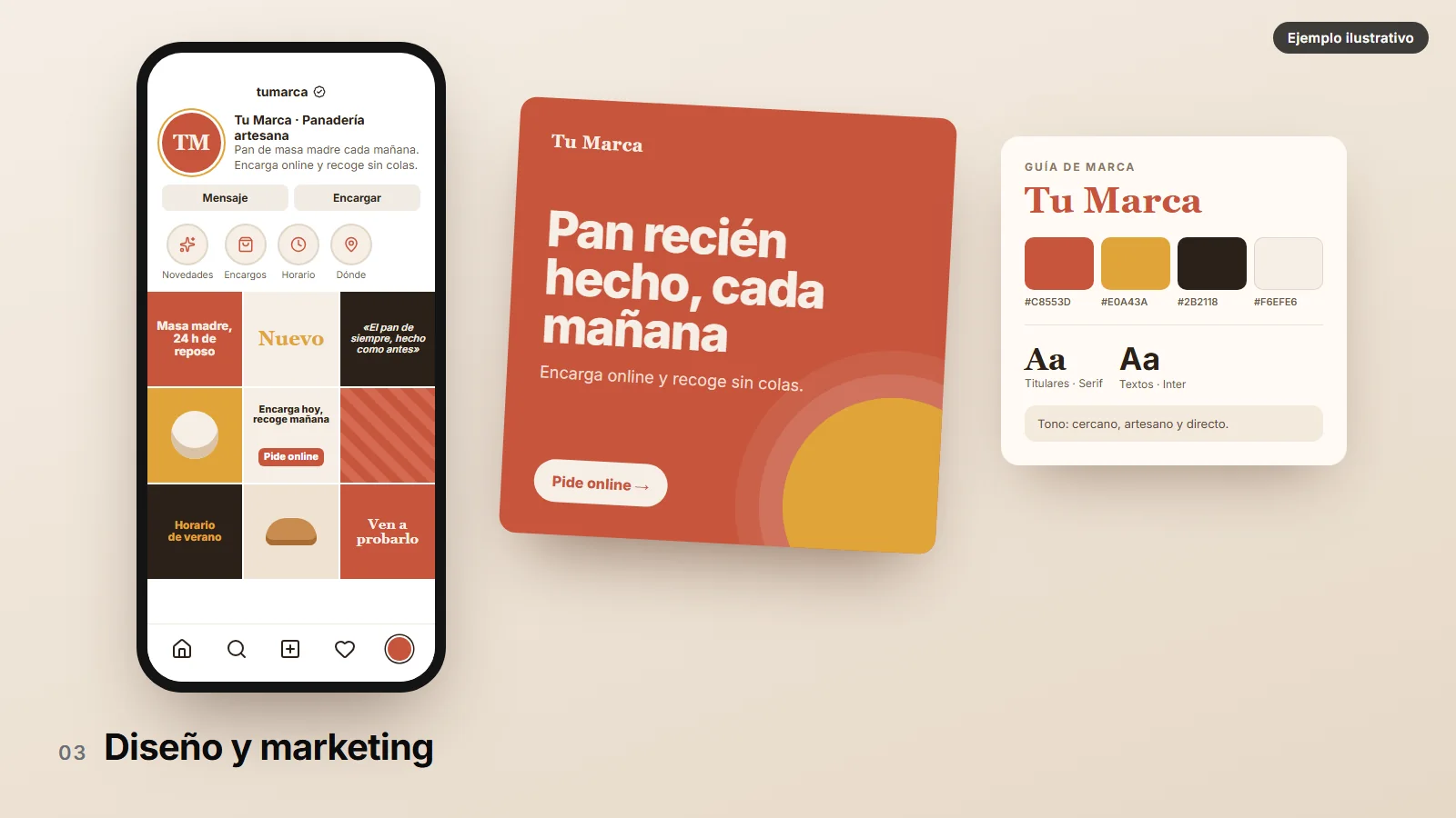 Ejemplo ilustrativo: perfil en redes, publicación y guía de marca de una panadería